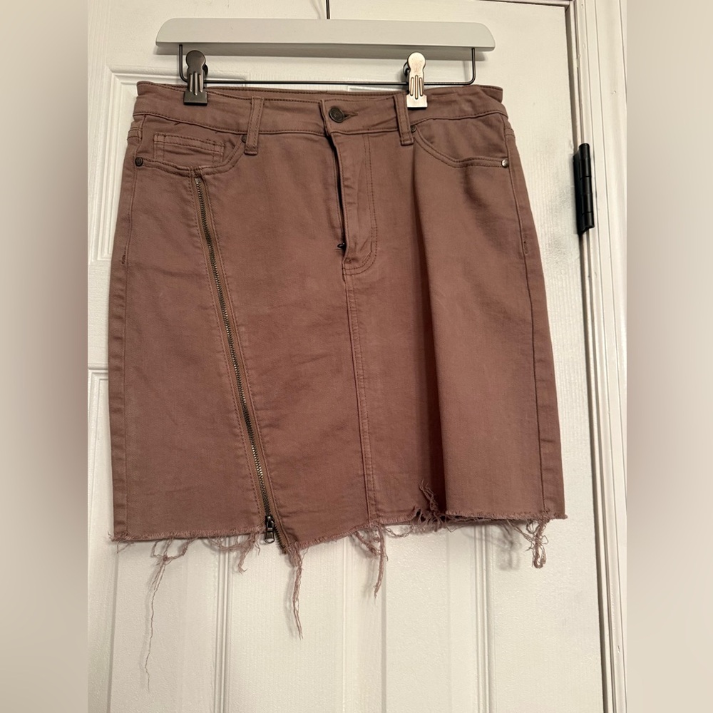 New Anna Grace khaki medium Brown Denim Skirt Anthropologie $78